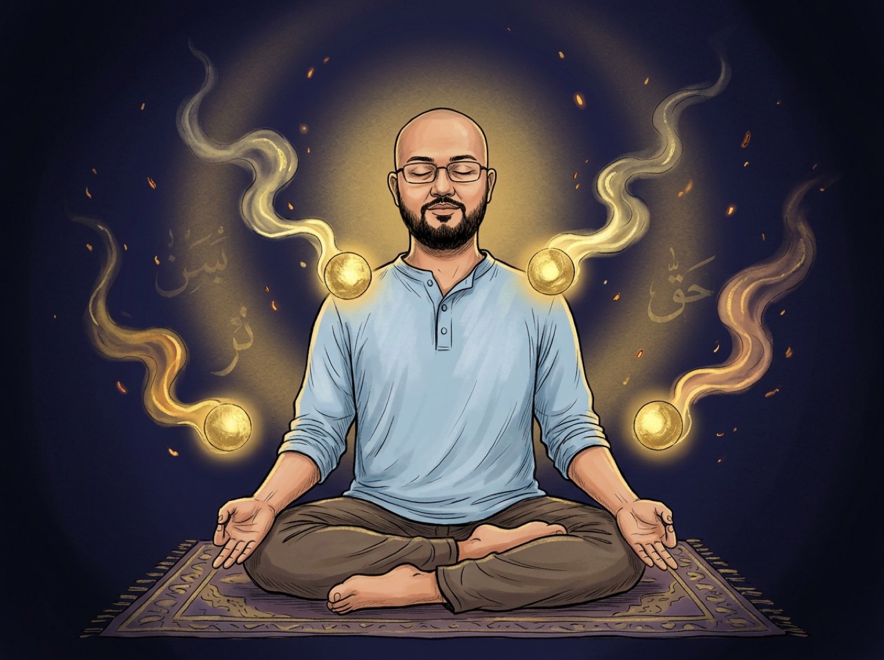 Hamza meditating with his four muakkals as glowing orbs